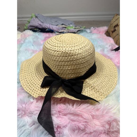 Straw Wide Brim Sun Hat Black Ribbon Bow Natural One Size - Picture 3 of 9